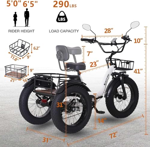 2026 Electric Tricycle for Adults, 750W(Peak 1350W), 48V13Ah Ebike, 20"x4.0" Aluminum Folding Fat Tire 3 Wheel Electric Trike, Max 20MPH Hydraulic Brake, Rear Motor Differential