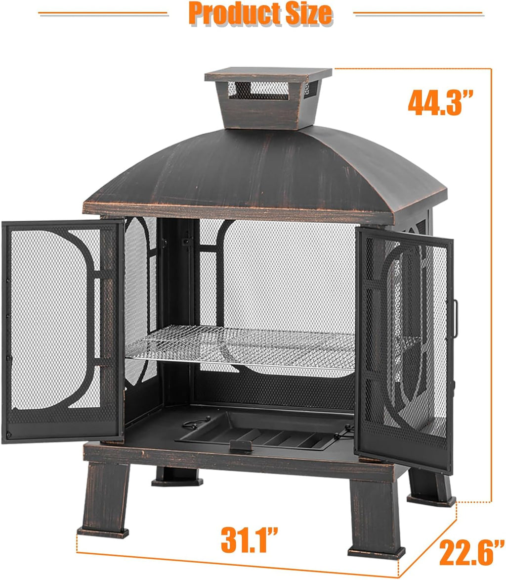 2026 45" H 31''W Metal Chiminea Fire Pit with Grill, Wood Burning Fire Pits for Outside,Square Chimineas Fireplace with Mesh Spark Screen Door& Fire Poker for Garden,Yard,BBQ,Bonfire (Black&Gold)