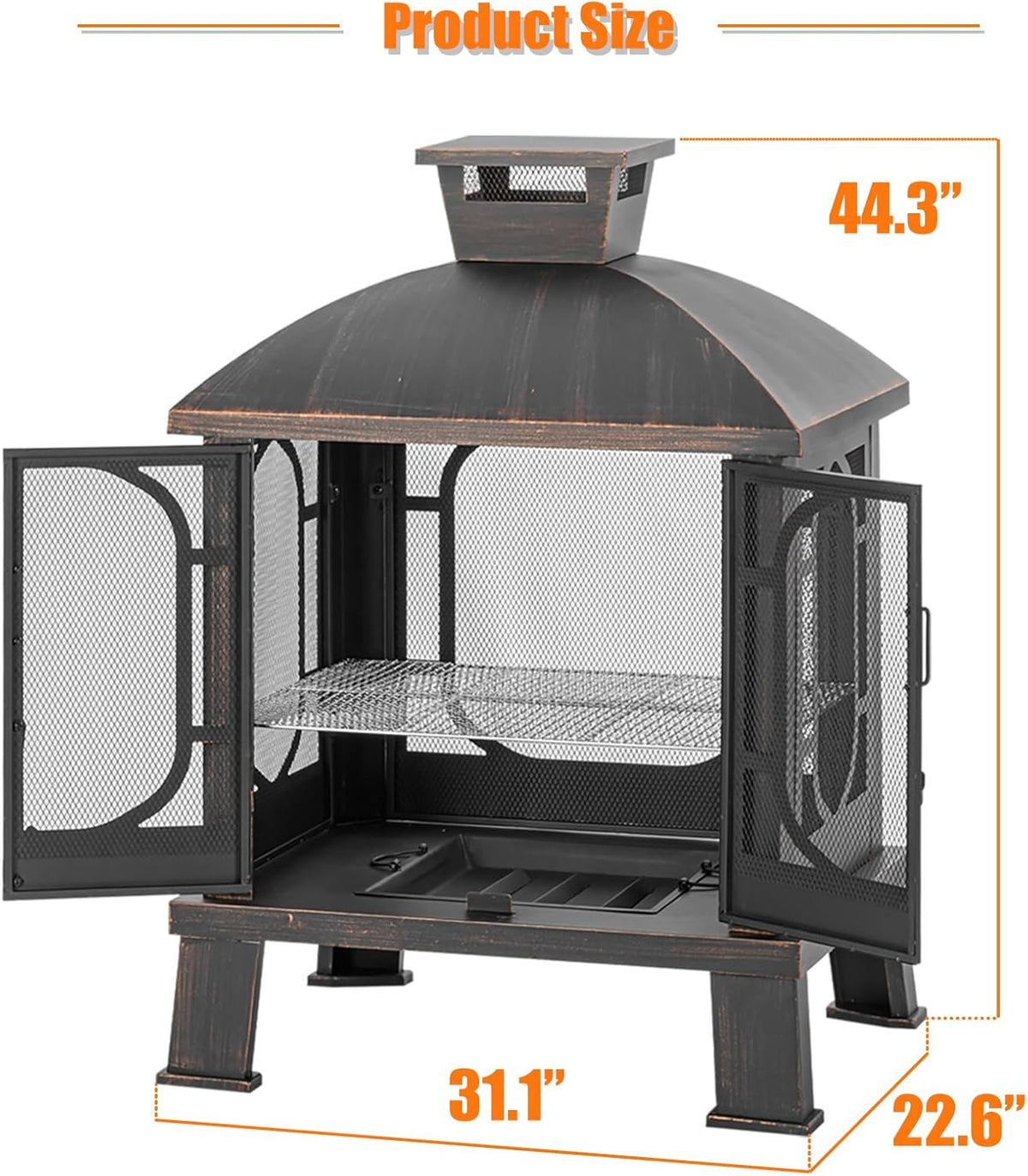 2026 45" H 31''W Metal Chiminea Fire Pit with Grill, Wood Burning Fire Pits for Outside,Square Chimineas Fireplace with Mesh Spark Screen Door& Fire Poker for Garden,Yard,BBQ,Bonfire (Black&Gold)