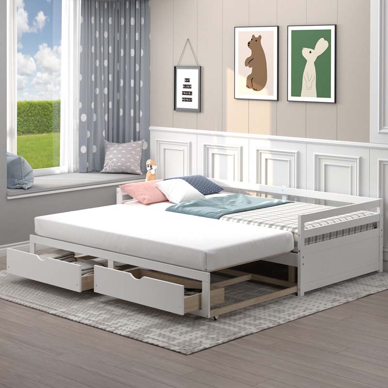 2026 Extendable Twin to King Daybed with Trundle & 2 Storage Drawers, Dual-use Modern Sofa Bed with Roll Out Bed Frame