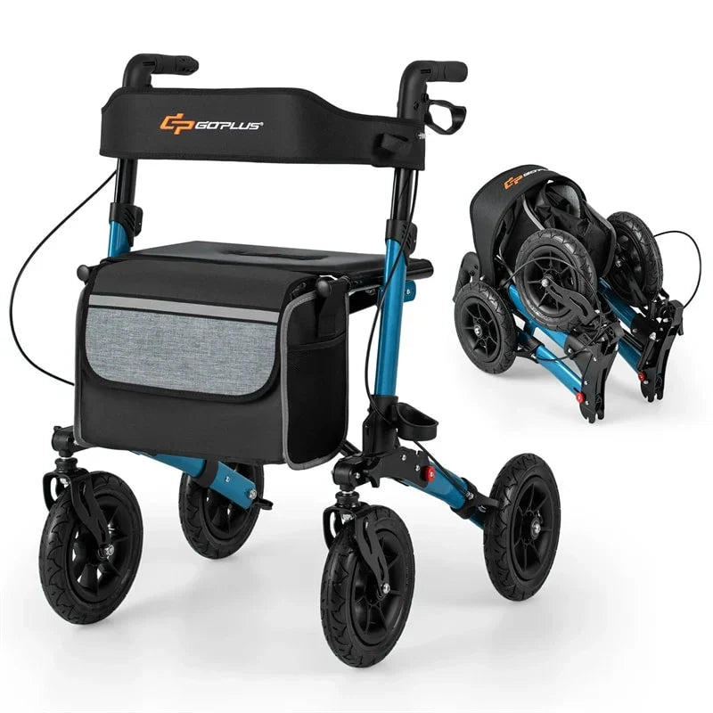 2026 2-in-1 Folding Rolling Rollator Walker with Seat, 9" All-Terrain Pneumatic Tires & Height Adjustment, Aluminum Mobility Walking Aid for Seniors