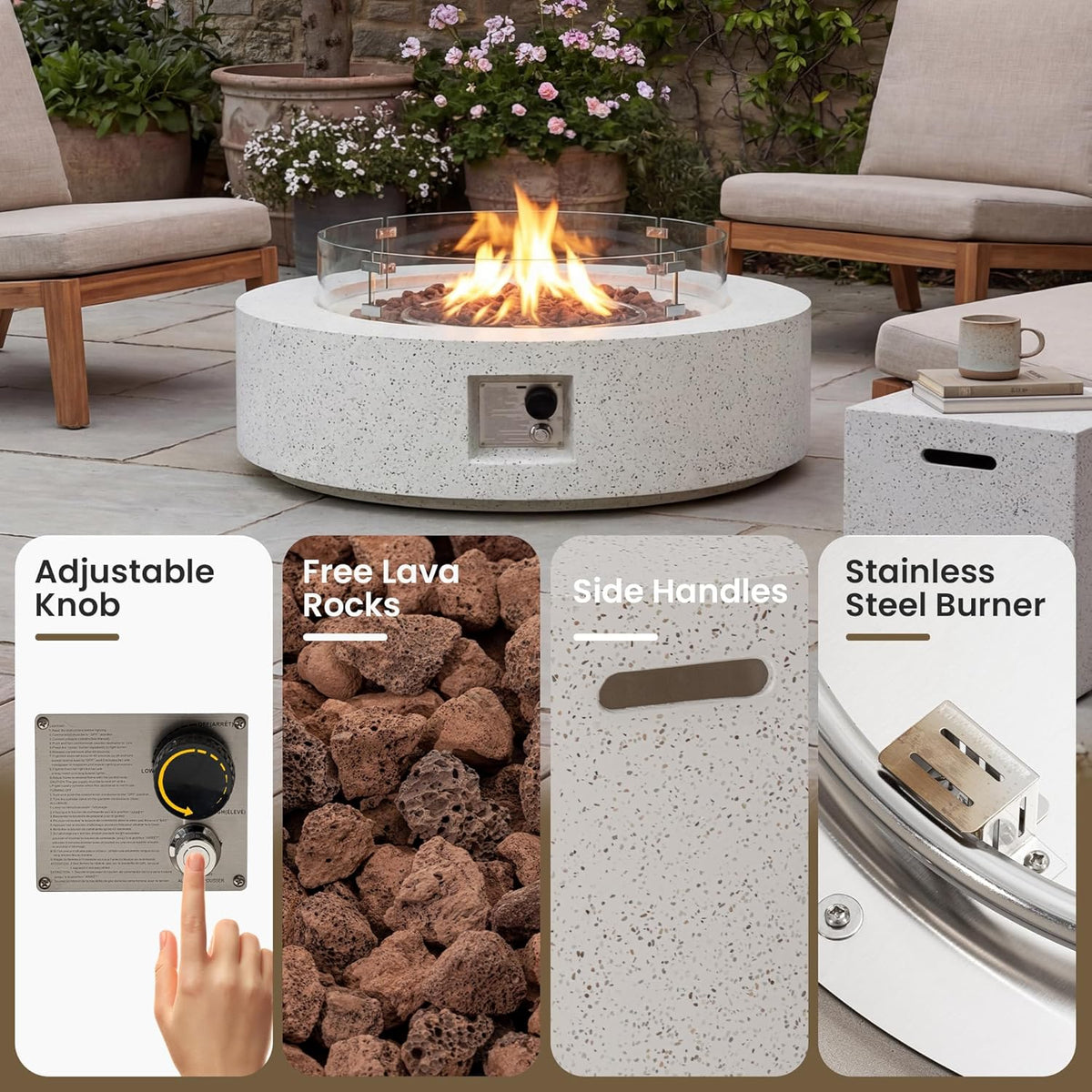 2026 2-Piece Outdoor Propane Firepit Table Set w Tank Table, 42 inch Dark Fire Table Certified, 50,000 BTU w Beige Round Base,Wind Guard and 16 inches Tank Side Table 20lb for Garden,Pool