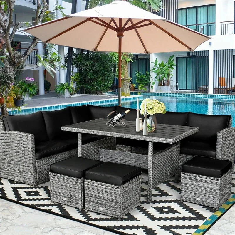2026 New7 Pcs Rattan Patio Dining Furniture Sectional Sofa Set with Dining Table, Ottomans & Cushions