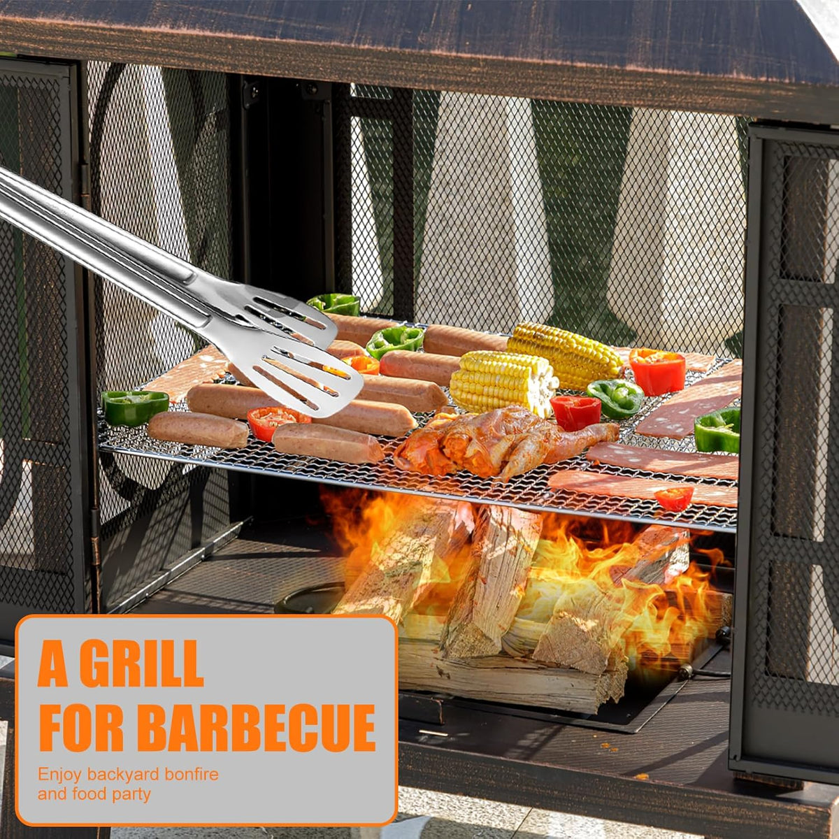 2026 45" H 31''W Metal Chiminea Fire Pit with Grill, Wood Burning Fire Pits for Outside,Square Chimineas Fireplace with Mesh Spark Screen Door& Fire Poker for Garden,Yard,BBQ,Bonfire (Black&Gold)