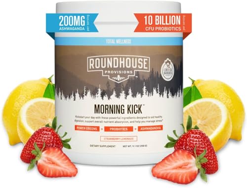 2026 ROUNDHOUSE PROVISION Morning Kick, Zero Sugar Greens Superfood Powder Supplement with Ashwagandha, Collagen, Probiotics, Debloat Drink, 30 Servings (Strawberry Lemonade) by Chuck Norris