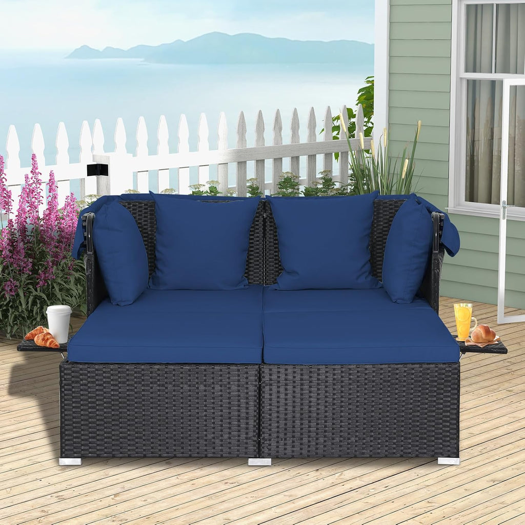 2026 Patio Outdoor Daybed with Canopy, Wicker Sunbed w/Cushions, 4 Pillows & 2 Retractable Side Trays, 2-Person Lounge Bed Conversation for Poolside Porch Garden, Rattan Outdoor Bed (Turquoise)