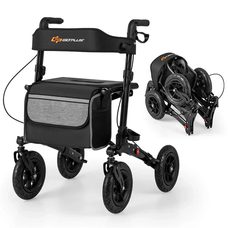 2026 2-in-1 Folding Rolling Rollator Walker with Seat, 9" All-Terrain Pneumatic Tires & Height Adjustment, Aluminum Mobility Walking Aid for Seniors