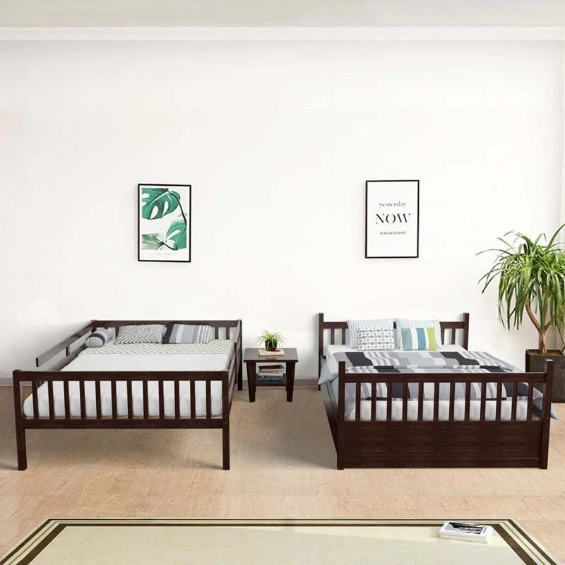2026 Solid Wood Full Over Full Bunk Bed Frame with Trundle, Safety Ladder & Guardrails, Convertible Bunk Bed for Kids Teens