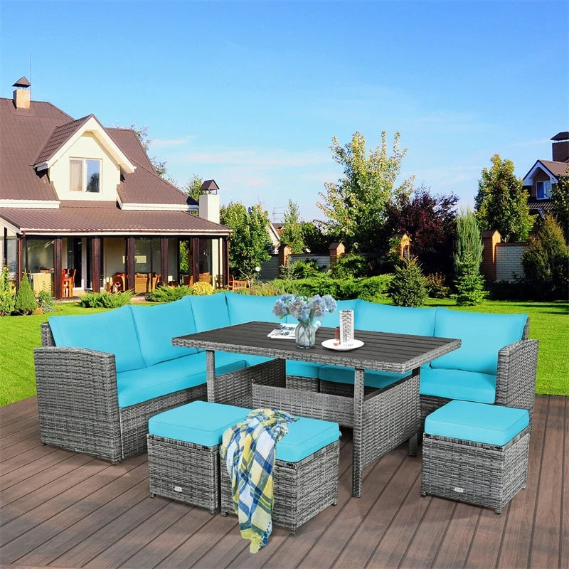 2026 7 PCS Resin Wicker Outdoor Sectional Sofa Set Rattan Patio Seating Group with Dining Table, Ottomans & Cushions