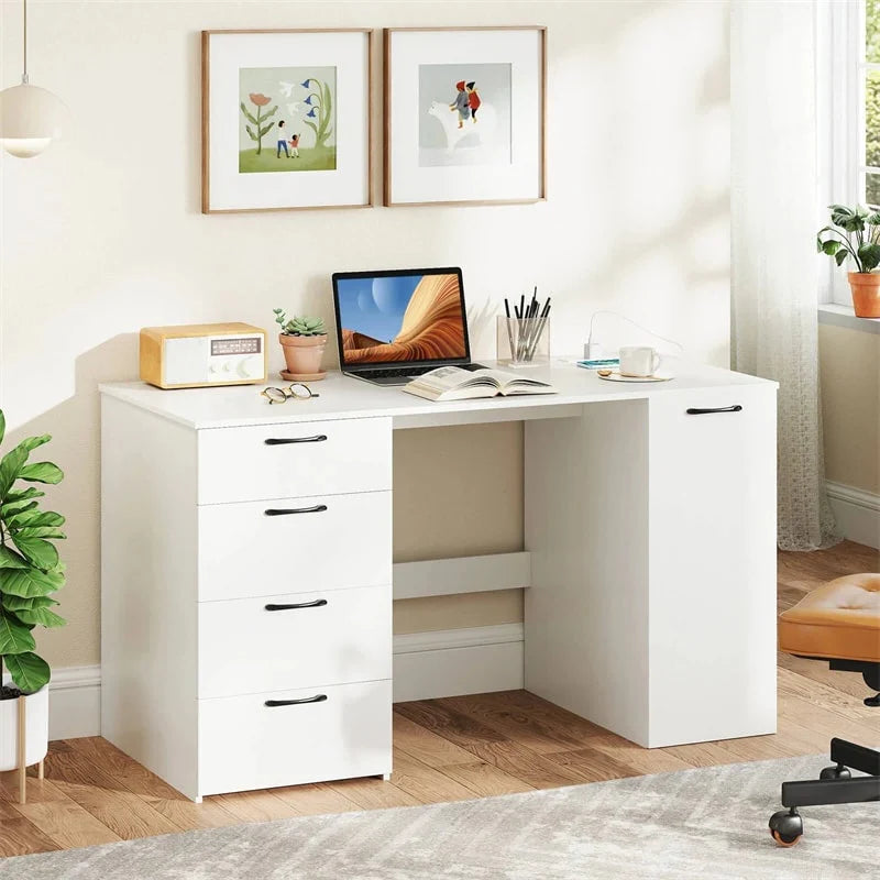 2026 53" Computer Desk with 4 Storage Drawers & Cabinet, Home Office Desk w/ Charging Station, Adjustable Shelf & Cable Management for Study, Makeup