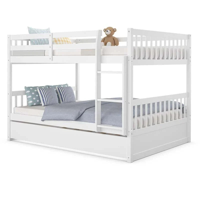 2026 Solid Wood Full Over Full Bunk Bed Frame with Trundle, Safety Ladder & Guardrails, Convertible Bunk Bed for Kids Teens