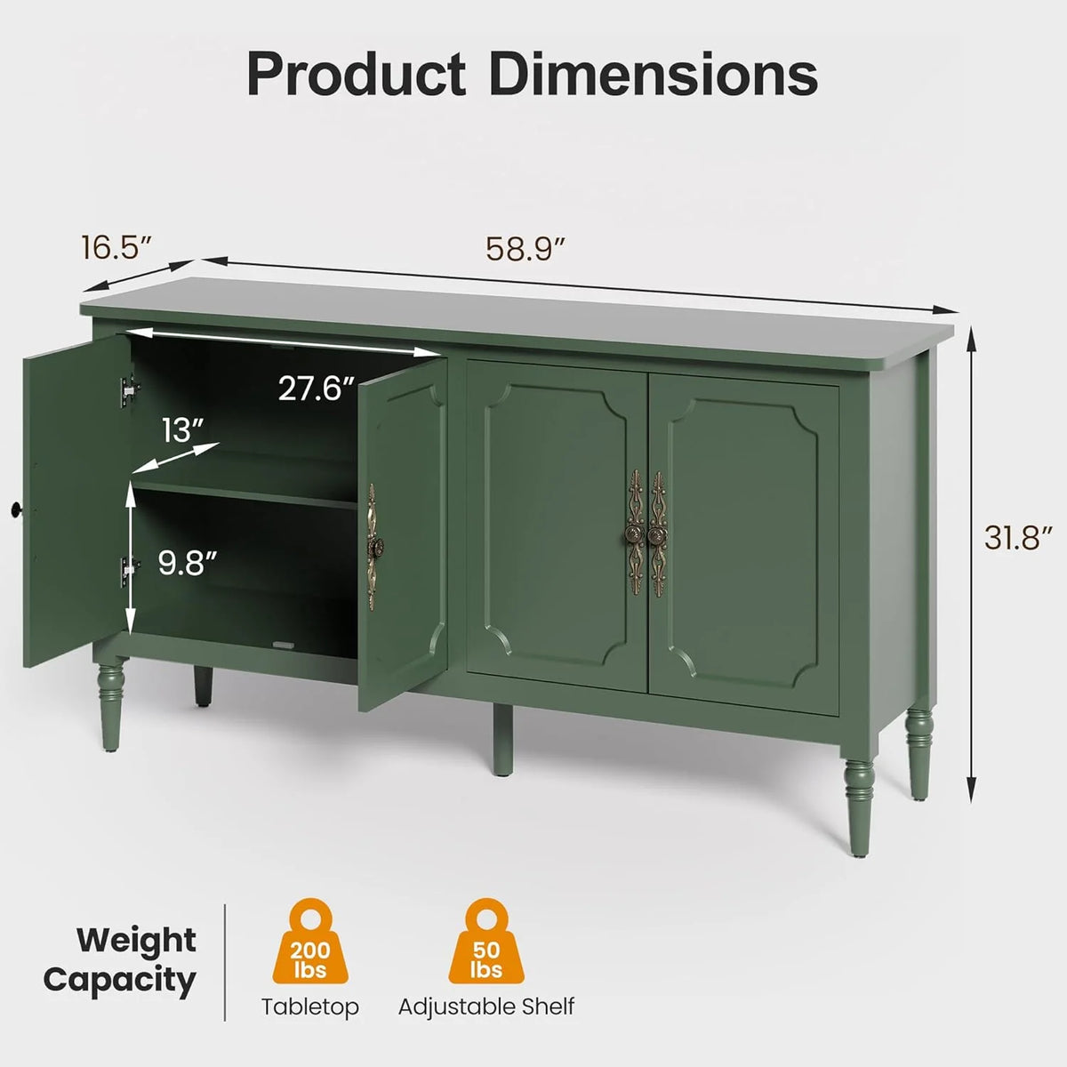 2026 Buffet Cabinet with Storage, 59" Vintage Sideboard with Adjustable Shelves, Mid Century Modern Painted Credenza Coffee Bar for Kitchen, Dining Room, Entryway, Living Room, Forest Green