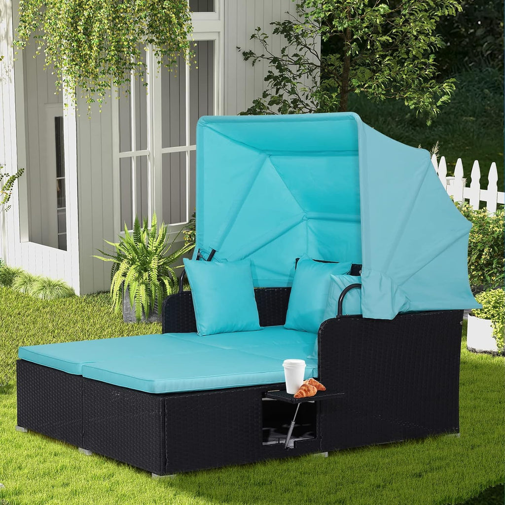 2026 Patio Outdoor Daybed with Canopy, Wicker Sunbed w/Cushions, 4 Pillows & 2 Retractable Side Trays, 2-Person Lounge Bed Conversation for Poolside Porch Garden, Rattan Outdoor Bed (Turquoise)