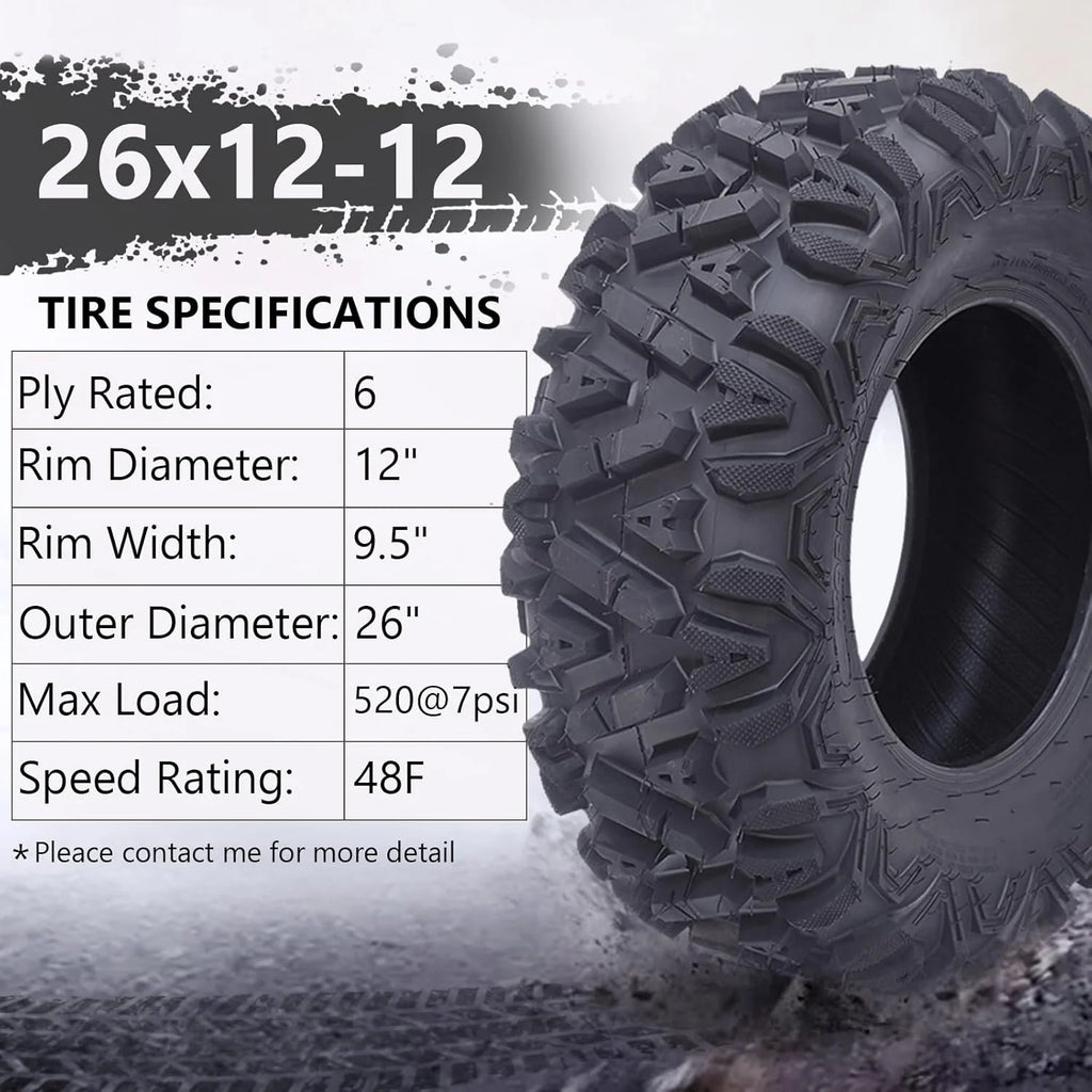 2026 26x12x12 Atv Tires, Set of 2 Atv Tires 26x12-12 6PR, All Terrain Atv/Utv Off-Road Tires, Black