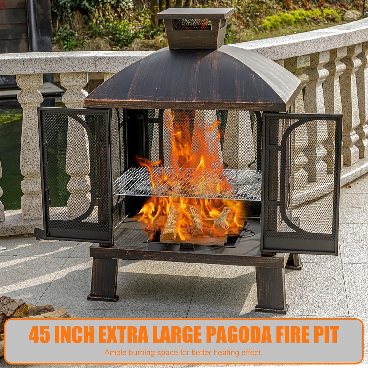 2026 45" H 31''W Metal Chiminea Fire Pit with Grill, Wood Burning Fire Pits for Outside,Square Chimineas Fireplace with Mesh Spark Screen Door& Fire Poker for Garden,Yard,BBQ,Bonfire (Black&Gold)