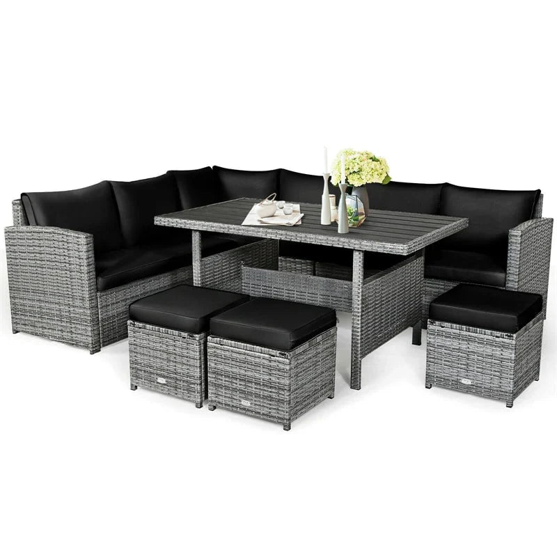 2026 7 PCS Resin Wicker Outdoor Sectional Sofa Set Rattan Patio Seating Group with Dining Table, Ottomans & Cushions
