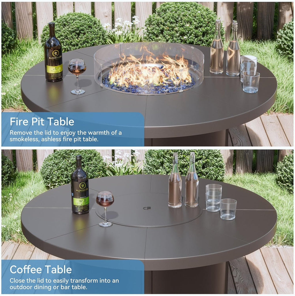 2026 48" Round Propane Fire Pit Table,55000 BTU Auto-Ignitiongas Gas Fire Table with Fire Glass and Lid,Waterproof Cover and Pumice Stone for Patio,Balcony,Garden