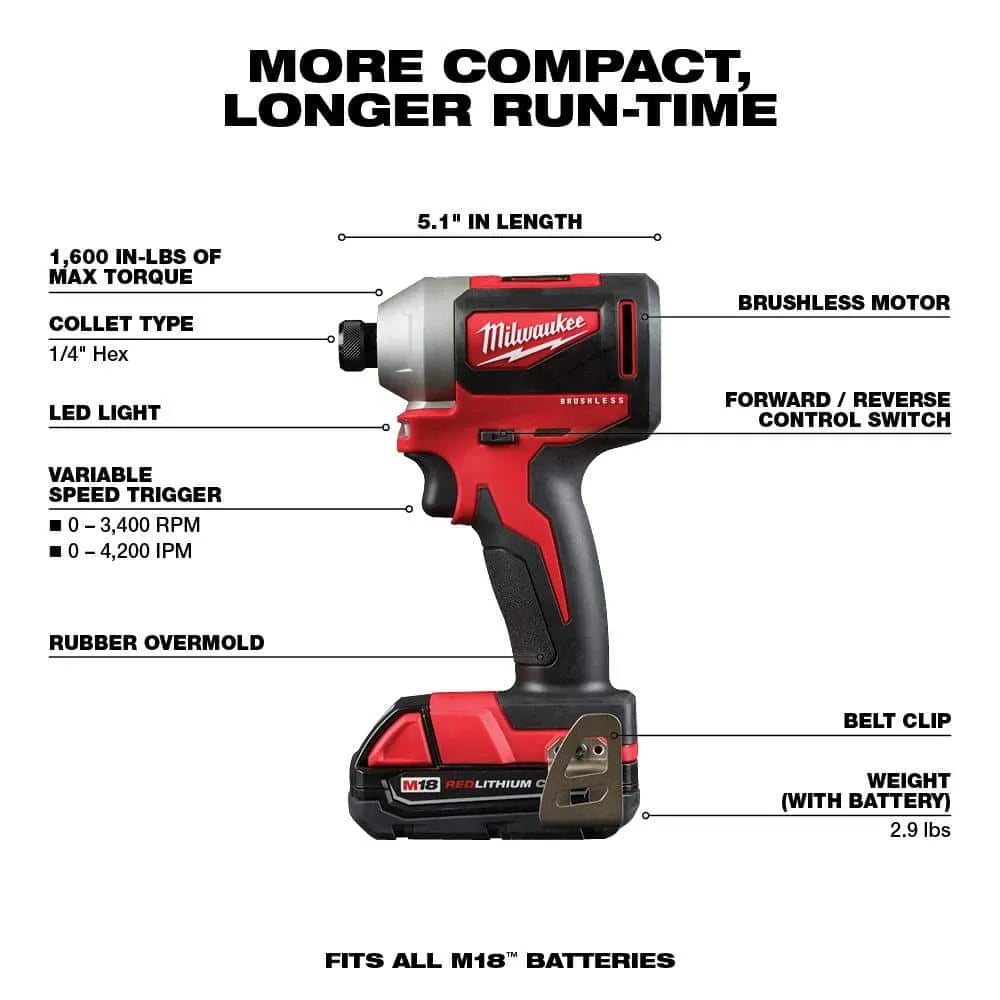 2026 M18 18V Lithium-Ion Brushless Cordless Compact Drill/Impact Combo Kit (2-Tool) W/ (2) 2.0Ah Batteries, Charger & Bag 2892-22CT