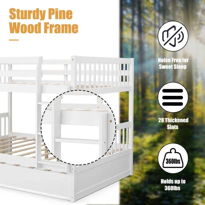 2026 Solid Wood Full Over Full Bunk Bed Frame with Trundle, Safety Ladder & Guardrails, Convertible Bunk Bed for Kids Teens