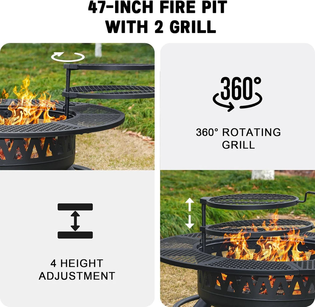 2026 47 Inch Fire Pit with 2 Grills, Outdoor Extra Large Firepits for Outside, Wood Burning Fireplace for Camping,Picnic,Bonfire, 3-in-1 Round Metal Table with Lid for Backyard,Patio,Party