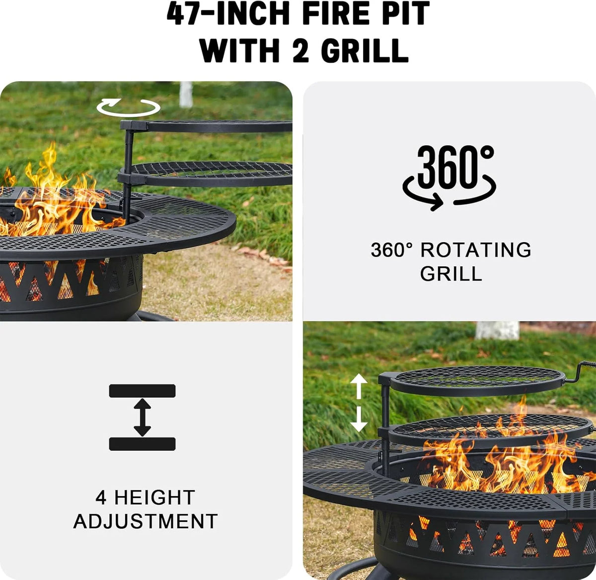 2026 47 Inch Fire Pit with 2 Grills, Outdoor Extra Large Firepits for Outside, Wood Burning Fireplace for Camping,Picnic,Bonfire, 3-in-1 Round Metal Table with Lid for Backyard,Patio,Party