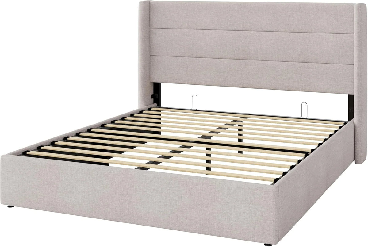 2026 Queen Size Lift Up Storage Bed, Modern Wingback Headboard, Hydraulic Support, No Box Spring Needed, Light Beige