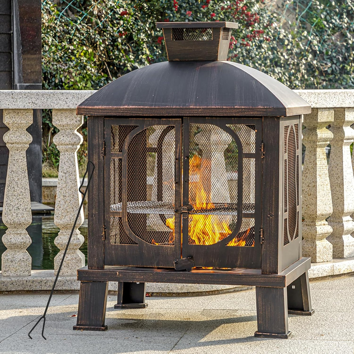 2026 45" H 31''W Metal Chiminea Fire Pit with Grill, Wood Burning Fire Pits for Outside,Square Chimineas Fireplace with Mesh Spark Screen Door& Fire Poker for Garden,Yard,BBQ,Bonfire (Black&Gold)