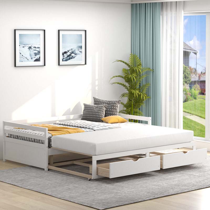 2026 Extendable Twin to King Daybed with Trundle & 2 Storage Drawers, Dual-use Modern Sofa Bed with Roll Out Bed Frame
