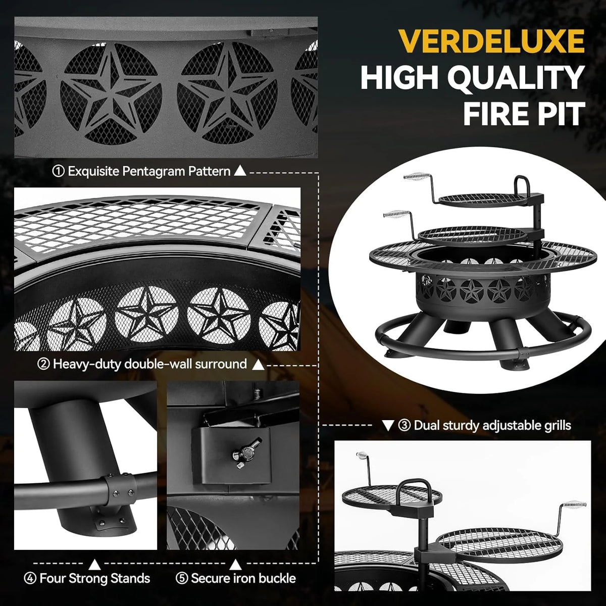 2026 47 Inch Outdoor Fire Pit with 2 Grills Extra Large BBQ Firepits for Outside Metal Round Fire pits with Lid&Fire Poker 3 in 1 Wood Burning Outdoor Fireplaces for Backyard Patio Bonfire