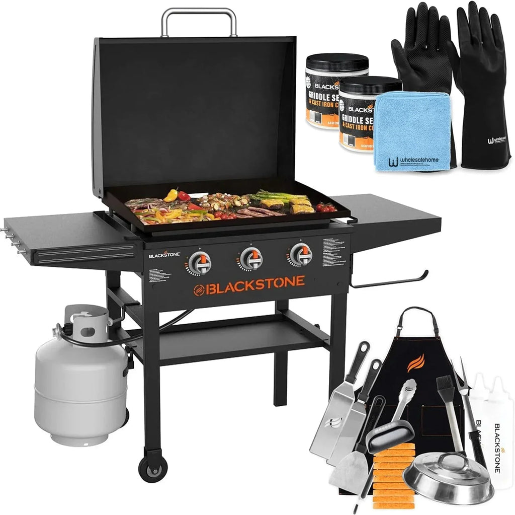 2026 28 Inch Griddle 2026 with Hood XL Griddle Original 3-Burner Outdoor Flat Top Grill, with Griddle Accessories, Seasoning, and Gloves and Cloth