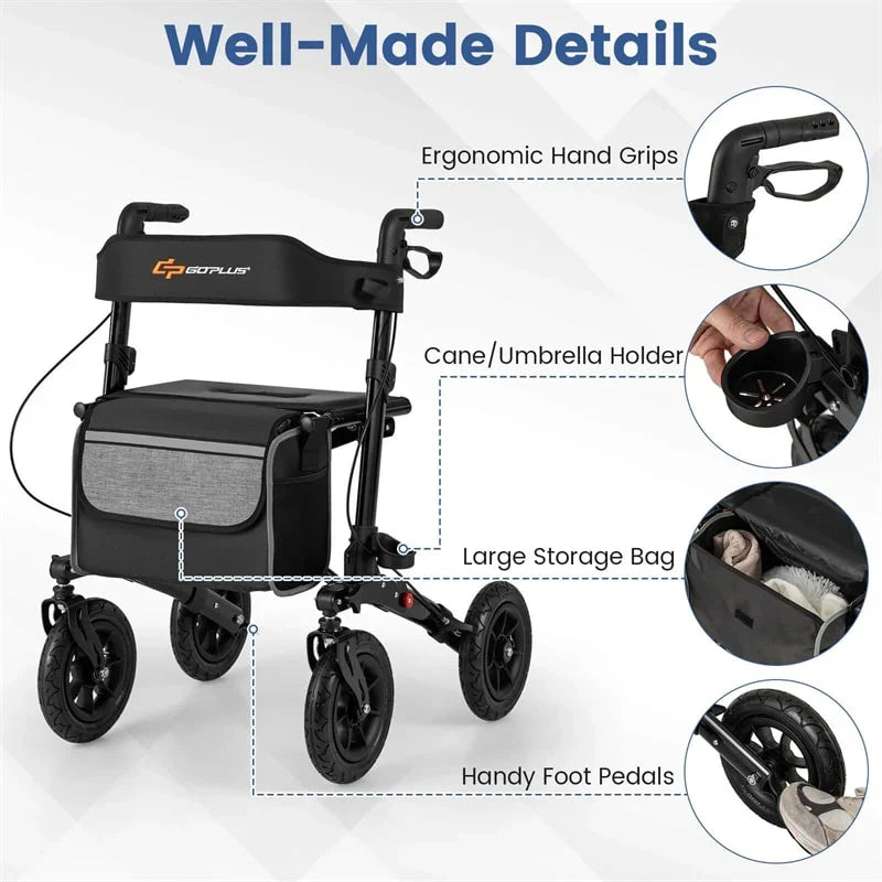 2026 2-in-1 Folding Rolling Rollator Walker with Seat, 9" All-Terrain Pneumatic Tires & Height Adjustment, Aluminum Mobility Walking Aid for Seniors