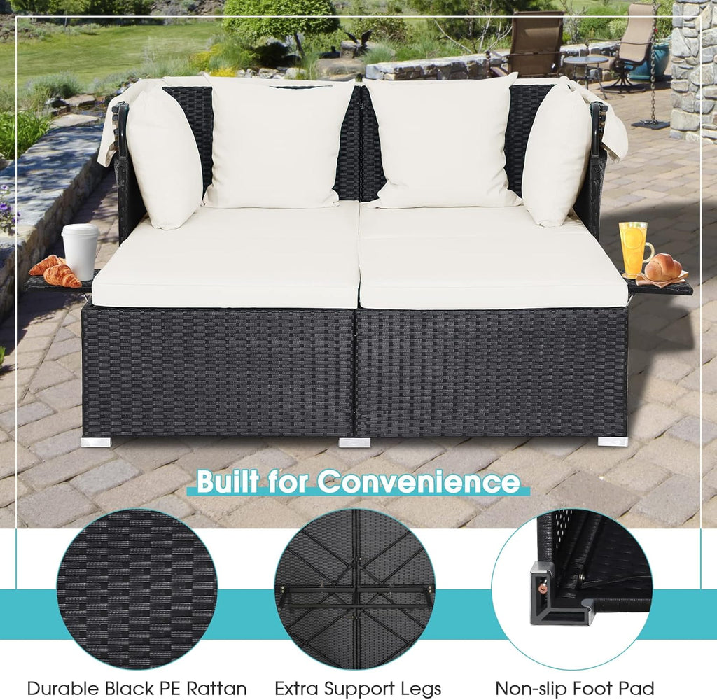 2026 Patio Outdoor Daybed with Canopy, Wicker Sunbed w/Cushions, 4 Pillows & 2 Retractable Side Trays, 2-Person Lounge Bed Conversation for Poolside Porch Garden, Rattan Outdoor Bed (Turquoise)
