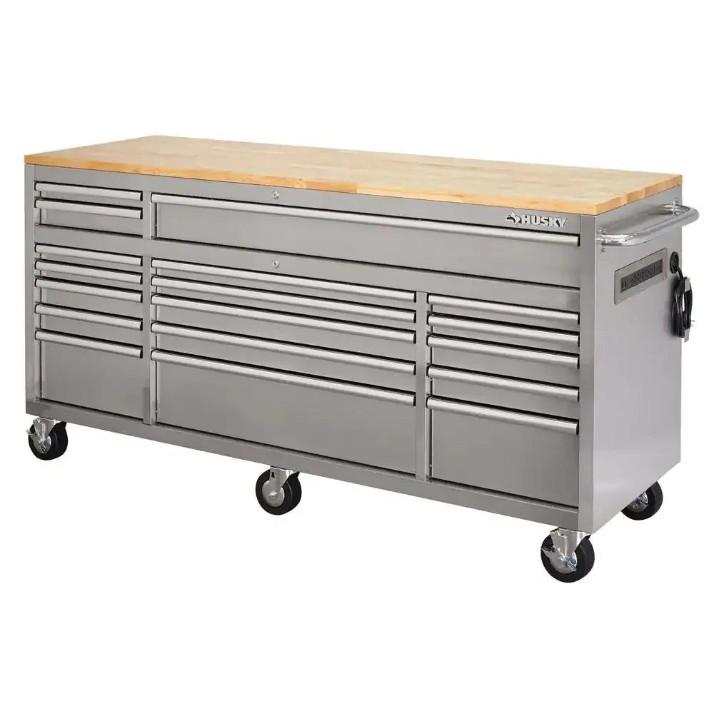 2026 New72 in. 18-Drawer 24 in. D Mobile Workbench with Solid Wood Top Stainless Steel