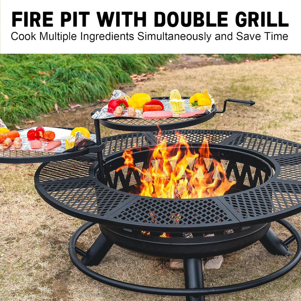 2026 47 Inch Fire Pit with 2 Grills, Outdoor Extra Large Firepits for Outside, Wood Burning Fireplace for Camping,Picnic,Bonfire, 3-in-1 Round Metal Table with Lid for Backyard,Patio,Party