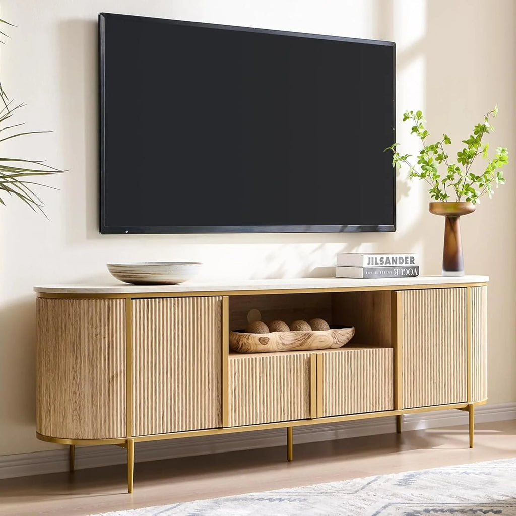 2026 70" Fluted TV Stand with Storage, Faux Marble Top Entertainment Center for TVs Up to 80", Modern Curved Edge Media Console Cabinet for Living Room, Natural Oak
