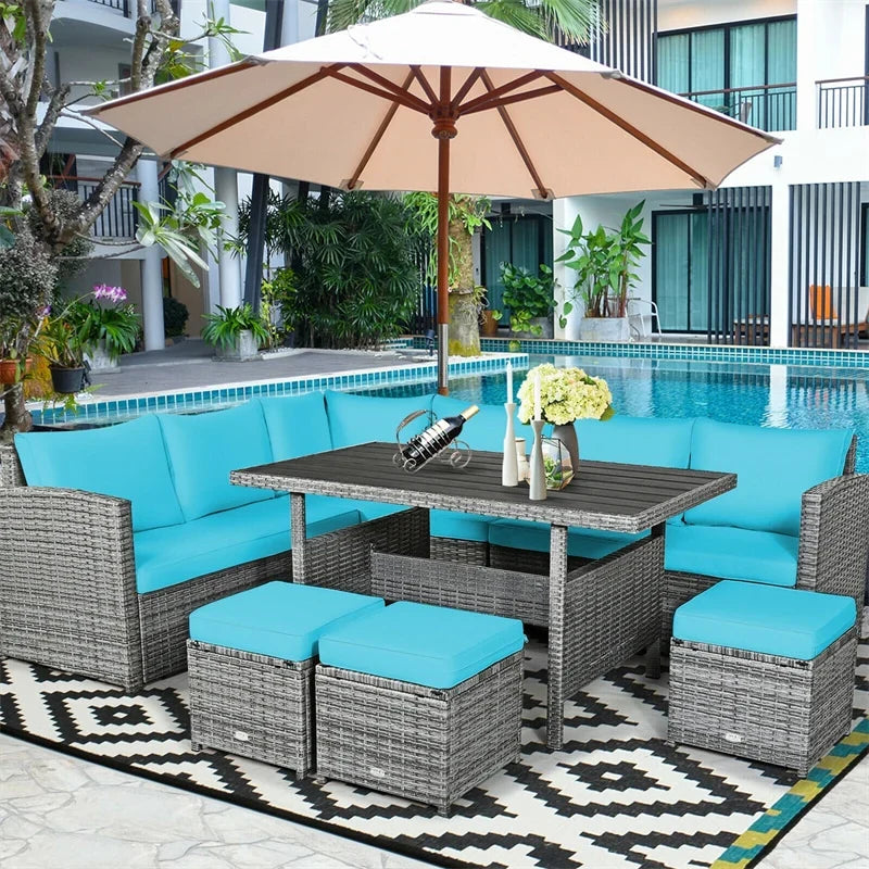 2026 7 PCS Resin Wicker Outdoor Sectional Sofa Set Rattan Patio Seating Group with Dining Table, Ottomans & Cushions