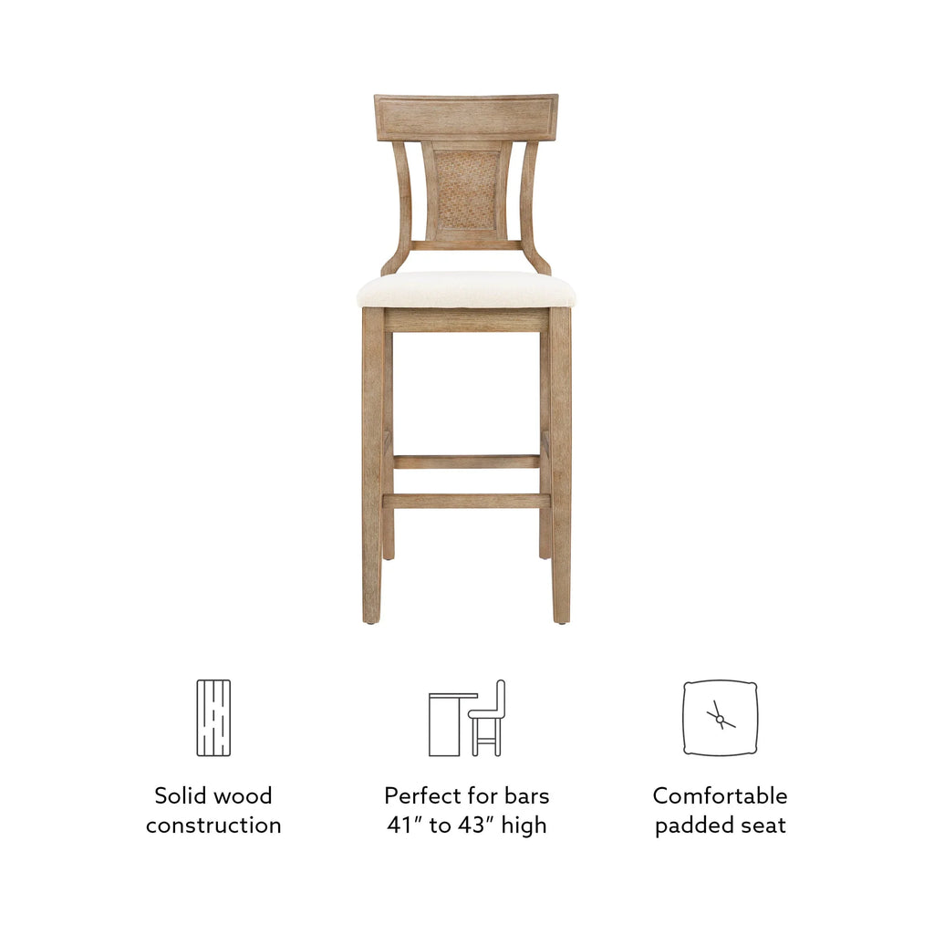 2026 NewLinon Rylan 30" Bar Stool, Rustic Brown Finish with Beige Fabric